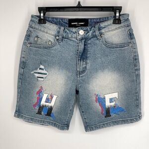Homme + Femme NEW Mens Hand Painted Logo Distressed Jean Shorts Sz 30 Blue